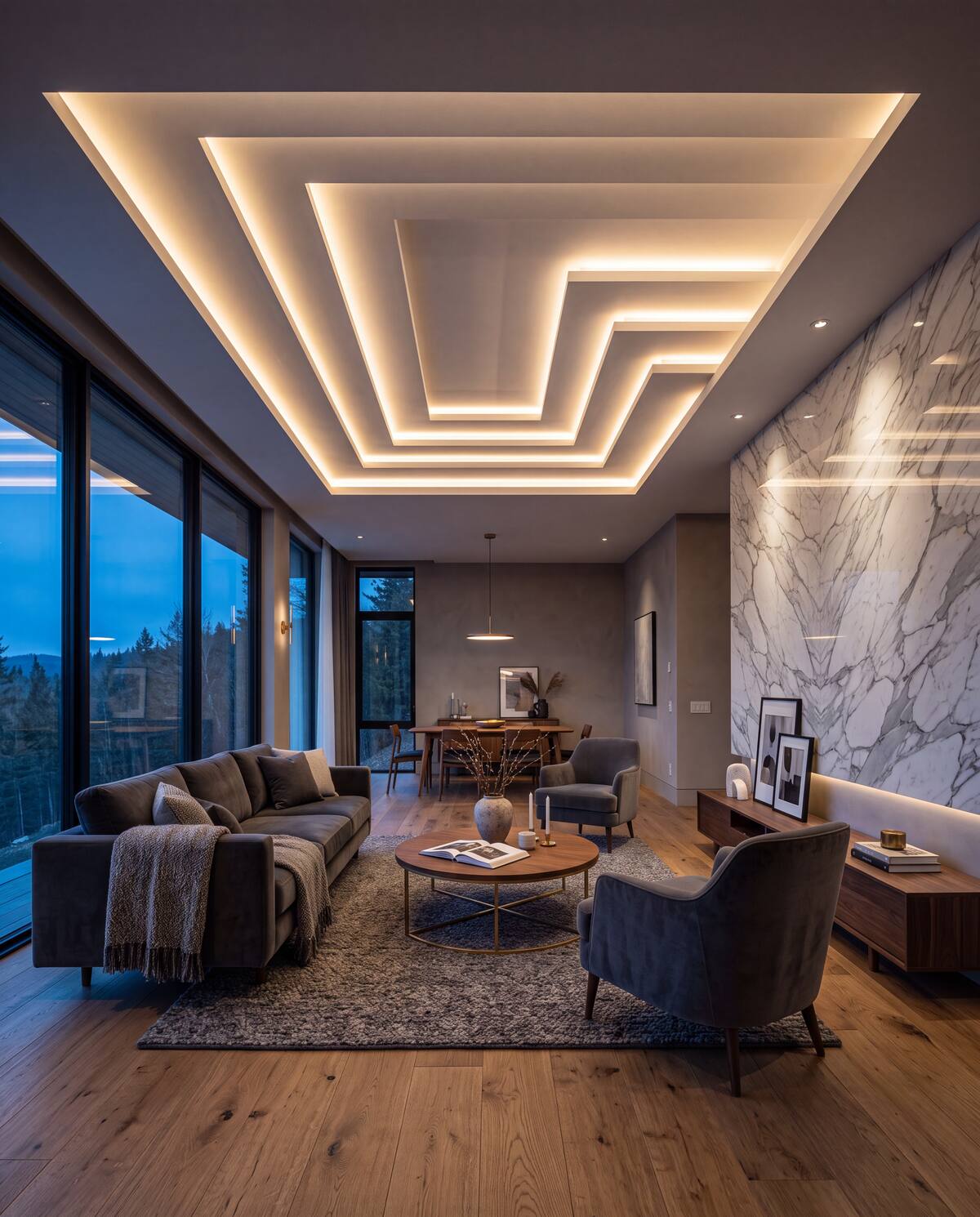 Sala moderna com teto falso em pladur e iluminação LED embutida — acabamento premium