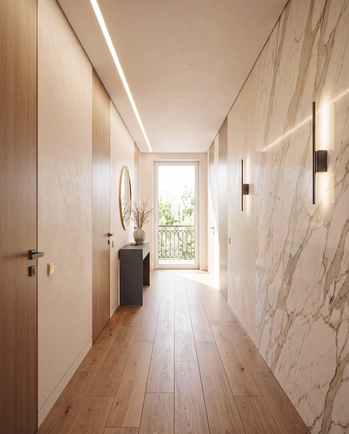 Corredor remodelado com barramento liso, mármore e madeira, com iluminação LED embutida no teto